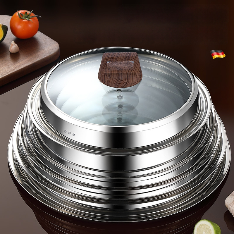 Apskrito dangtelio iš kalinto stiklo wokui, nerūdijančio plieno konstrukcija, atsparus aukštoms temperatūroms, universalus