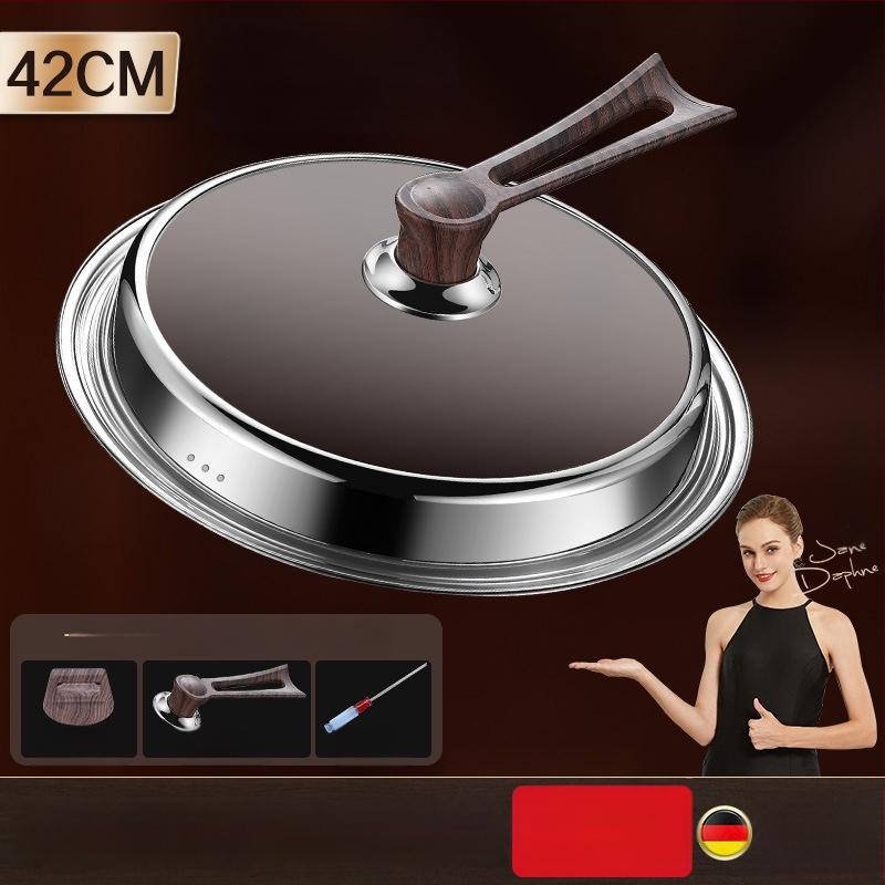 Apskrito dangtelio iš kalinto stiklo wokui, nerūdijančio plieno konstrukcija, atsparus aukštoms temperatūroms, universalus