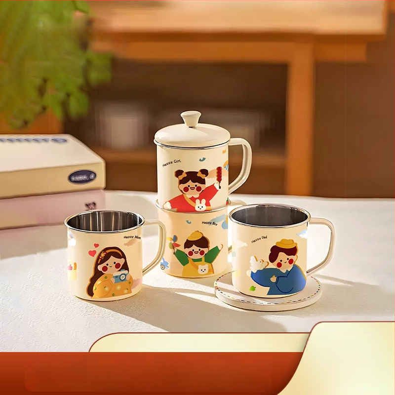 316 nerūdijančio plieno vaiko pieno puodelis su rankena, dangteliu ir matavimo žymėmis