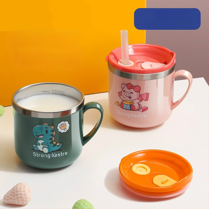 Vaikų karikatūrų stiliaus 316 nerūdijančio plieno puodelis, atsparus kritimams, su matavimo skale ir šiaudeliu