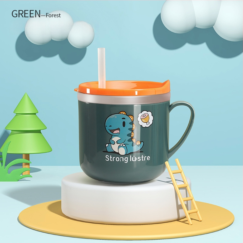 Vaikų karikatūrų stiliaus 316 nerūdijančio plieno puodelis, atsparus kritimams, su matavimo skale ir šiaudeliu