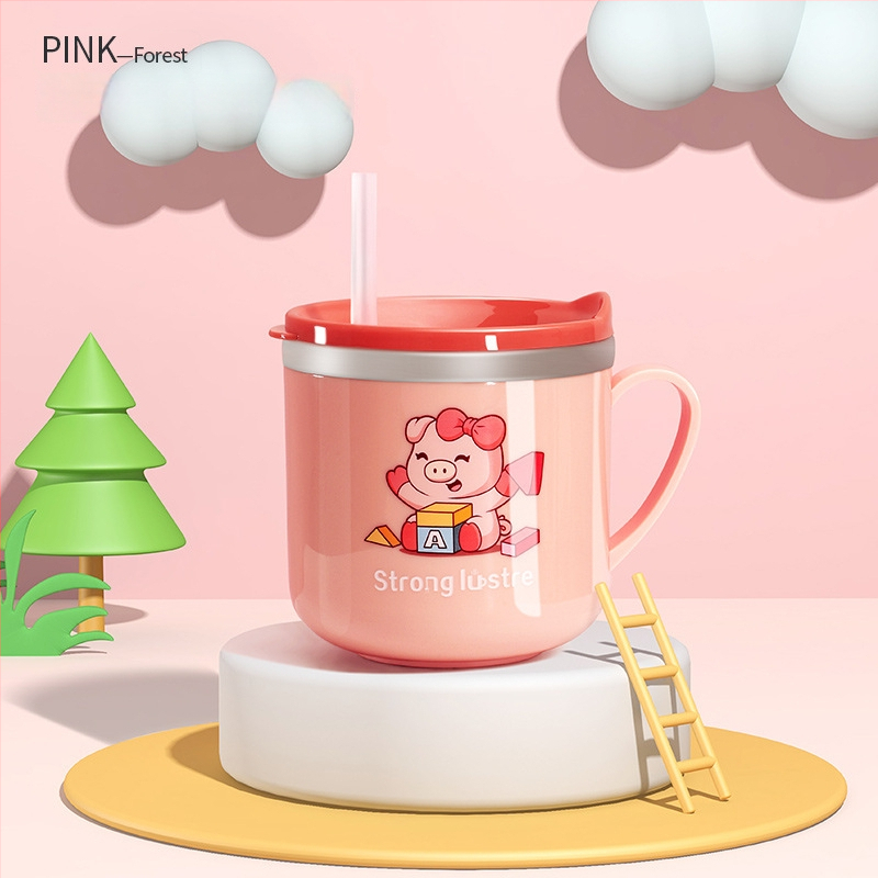 Vaikų karikatūrų stiliaus 316 nerūdijančio plieno puodelis, atsparus kritimams, su matavimo skale ir šiaudeliu