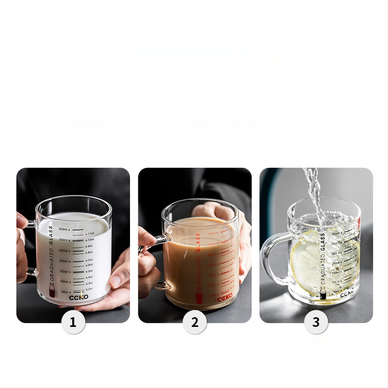 Vaikų pieno puodelis su matavimo skale, aukštos temperatūros atsparus borosilikatinio stiklo, mikrobangų krosnelėje tinkamas, su rankena