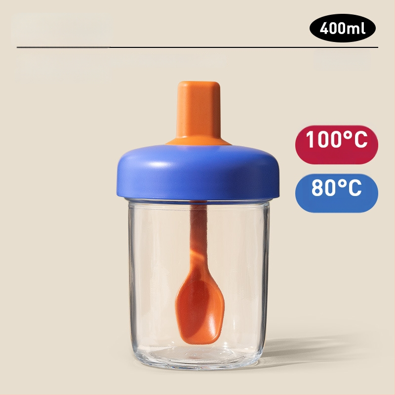 Avižinių dribsnių puodelis su dangteliu ir šaukšteliu; sandarus, nepralaidus; medžiaga: soda-lime stiklas; talpa 400 ml; svoris 335 g