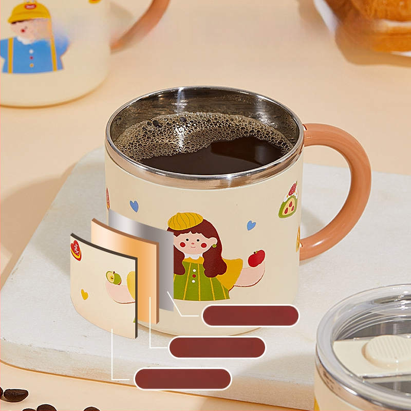 304 nerūdijančio plieno puodelis, dviejų sluoksnių izoliacija, dangtelis, nešiojamas