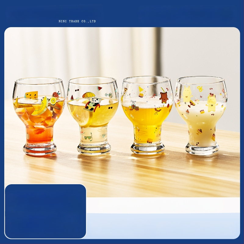 Stiklinė puodelis, aukštos borosilikato stiklo, apvali forma, karikatūros raštas, mielas stilius, logotipo spausdinimas