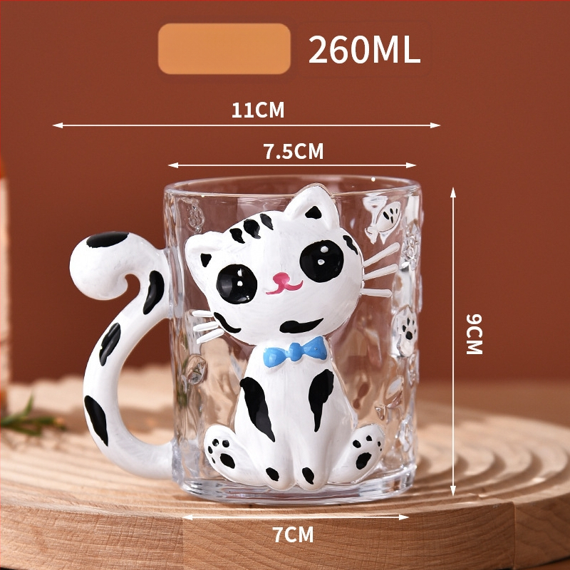 Krištolo stiklo puodelis su katės karikatūros dizainu, cilindrinė forma su rankenėle (krištolo stiklas; karikatūrinis stilius; cilindrinė forma; 200 g; pritaikymas įmanomas)