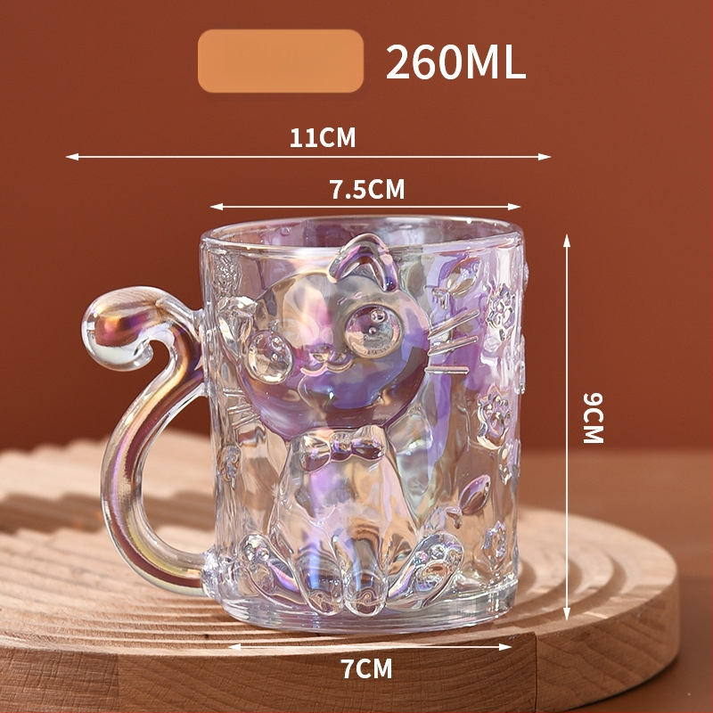 Krištolo stiklo puodelis su katės karikatūros dizainu, cilindrinė forma su rankenėle (krištolo stiklas; karikatūrinis stilius; cilindrinė forma; 200 g; pritaikymas įmanomas)