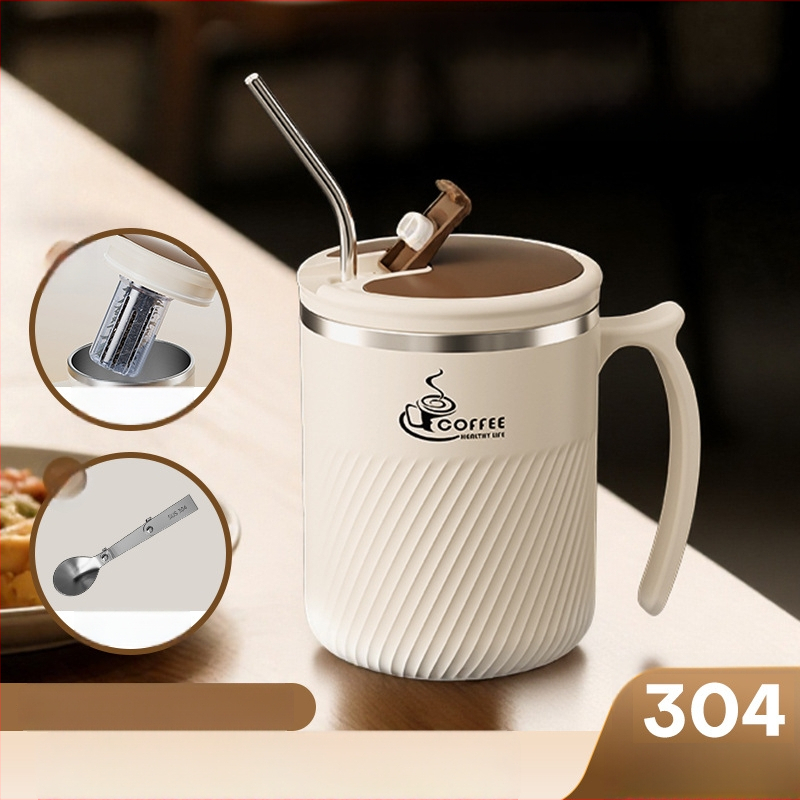 Arbatinis puodelis su infuzoriumi, iš 304 nerūdijančio plieno, nešiojamas, su dangteliu ir šaukšteliu