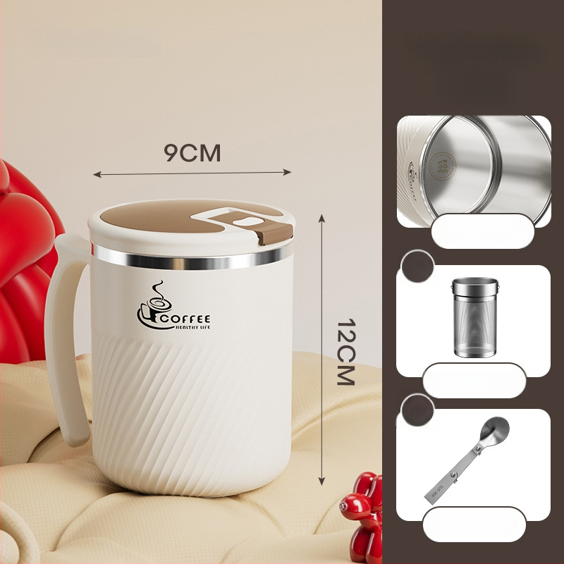 Arbatinis puodelis su infuzoriumi, iš 304 nerūdijančio plieno, nešiojamas, su dangteliu ir šaukšteliu