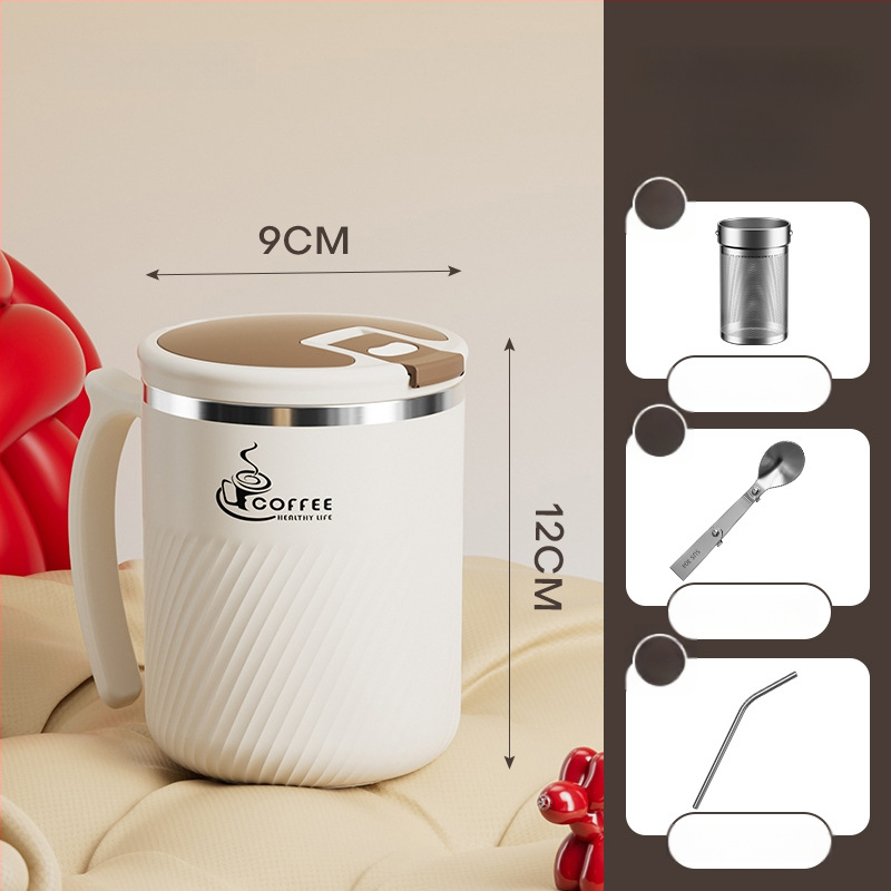 Arbatinis puodelis su infuzoriumi, iš 304 nerūdijančio plieno, nešiojamas, su dangteliu ir šaukšteliu