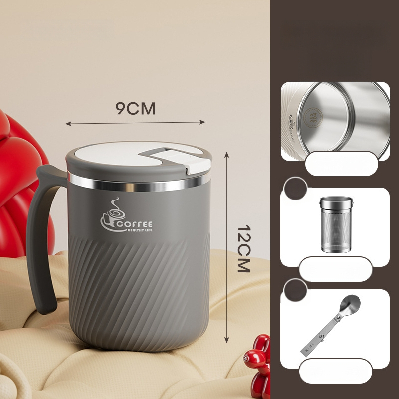 Arbatinis puodelis su infuzoriumi, iš 304 nerūdijančio plieno, nešiojamas, su dangteliu ir šaukšteliu