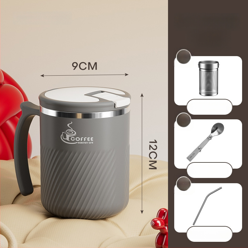 Arbatinis puodelis su infuzoriumi, iš 304 nerūdijančio plieno, nešiojamas, su dangteliu ir šaukšteliu