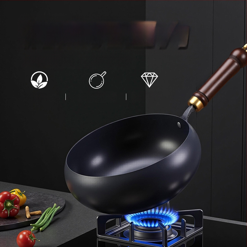 Geležinis wok su dideliu pilvu, be dangos, plokščiu dugnu, stiklo dangteliu, 1,4 kg, kinų stilius, suderinamas su dujinėmis/indukcinėmis/elektrinėmis viryklėmis