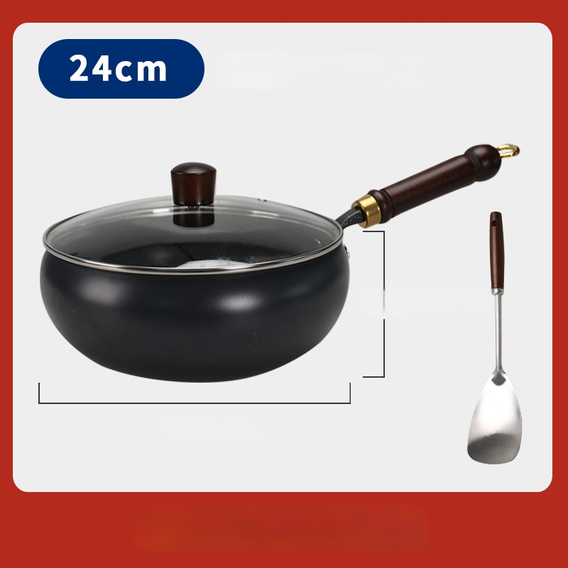 Geležinis wok su dideliu pilvu, be dangos, plokščiu dugnu, stiklo dangteliu, 1,4 kg, kinų stilius, suderinamas su dujinėmis/indukcinėmis/elektrinėmis viryklėmis
