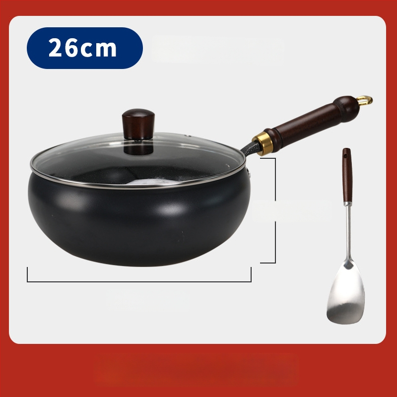 Geležinis wok su dideliu pilvu, be dangos, plokščiu dugnu, stiklo dangteliu, 1,4 kg, kinų stilius, suderinamas su dujinėmis/indukcinėmis/elektrinėmis viryklėmis