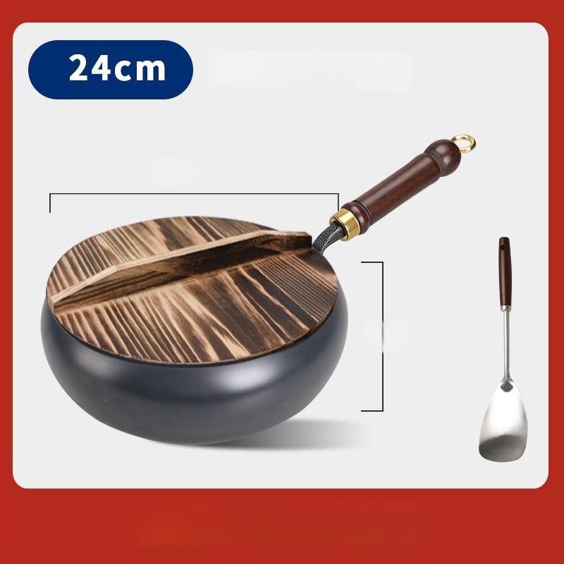 Geležinis wok su dideliu pilvu, be dangos, plokščiu dugnu, stiklo dangteliu, 1,4 kg, kinų stilius, suderinamas su dujinėmis/indukcinėmis/elektrinėmis viryklėmis
