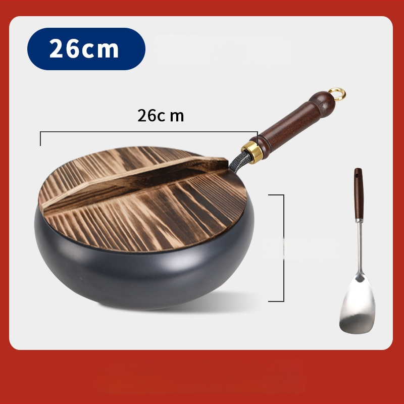 Geležinis wok su dideliu pilvu, be dangos, plokščiu dugnu, stiklo dangteliu, 1,4 kg, kinų stilius, suderinamas su dujinėmis/indukcinėmis/elektrinėmis viryklėmis
