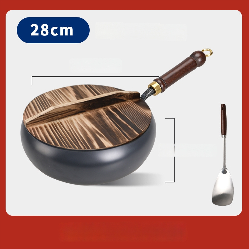 Geležinis wok su dideliu pilvu, be dangos, plokščiu dugnu, stiklo dangteliu, 1,4 kg, kinų stilius, suderinamas su dujinėmis/indukcinėmis/elektrinėmis viryklėmis