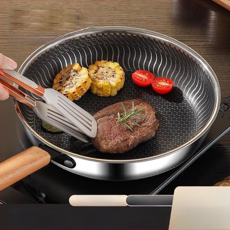 Maifan akmeniu WOK keptuvė, nelipni, 316 nerūdijančio plieno, stiklo dangtelis, viengubas dugnas