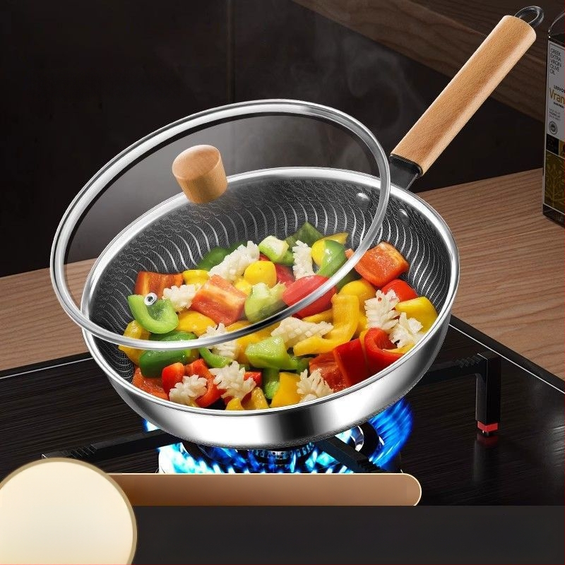 Maifan akmeniu WOK keptuvė, nelipni, 316 nerūdijančio plieno, stiklo dangtelis, viengubas dugnas