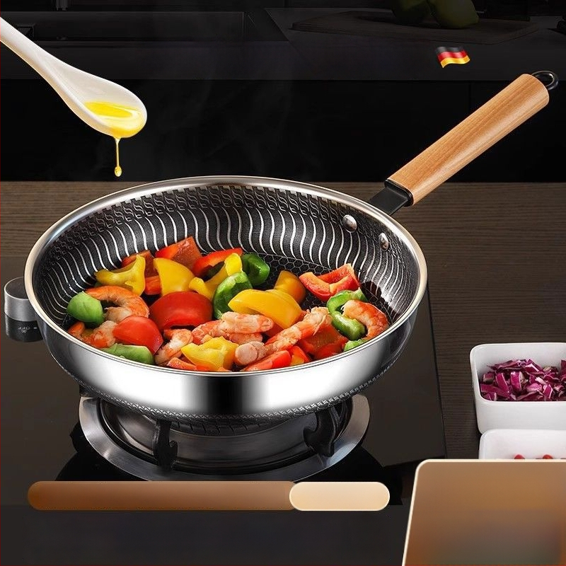 Maifan akmeniu WOK keptuvė, nelipni, 316 nerūdijančio plieno, stiklo dangtelis, viengubas dugnas