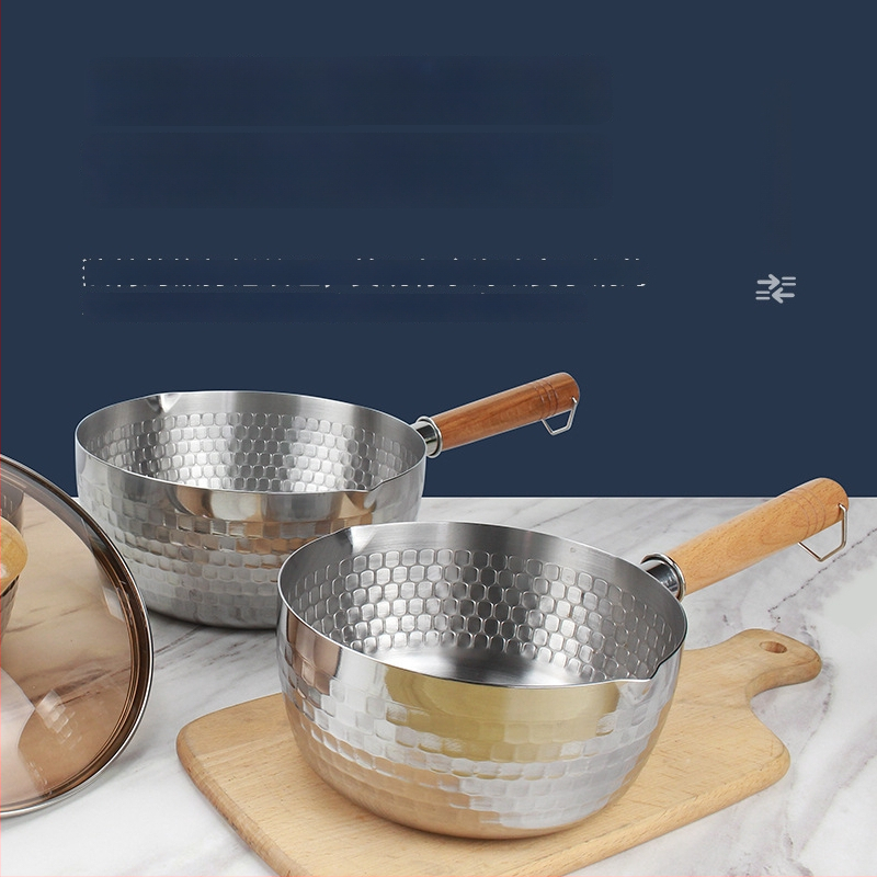 304 nerūdijančio plieno pieno puodas su medine rankena, be dengimo, stiklinis dangtelis, viengubo dugno