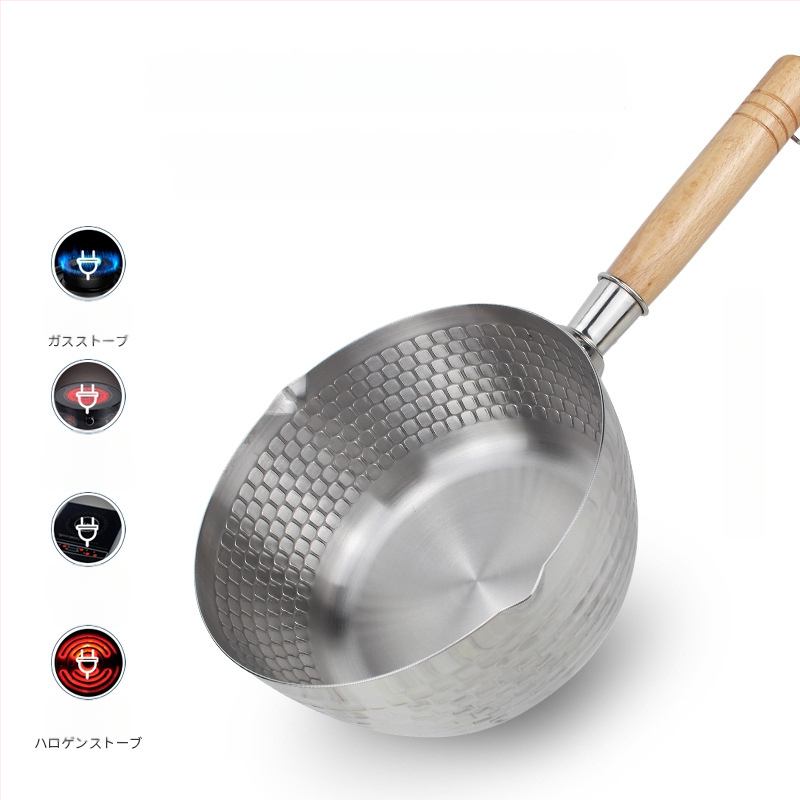 304 nerūdijančio plieno pieno puodas su medine rankena, be dengimo, stiklinis dangtelis, viengubo dugno