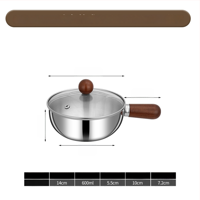 304 nerūdijančio plieno pieno puodas su medine rankena, be dengimo, stiklinis dangtelis, viengubo dugno