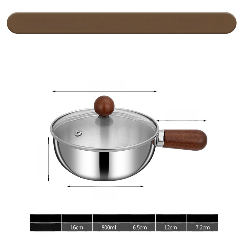 304 nerūdijančio plieno pieno puodas su medine rankena, be dengimo, stiklinis dangtelis, viengubo dugno