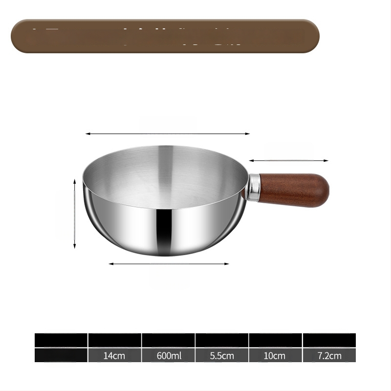 304 nerūdijančio plieno pieno puodas su medine rankena, be dengimo, stiklinis dangtelis, viengubo dugno