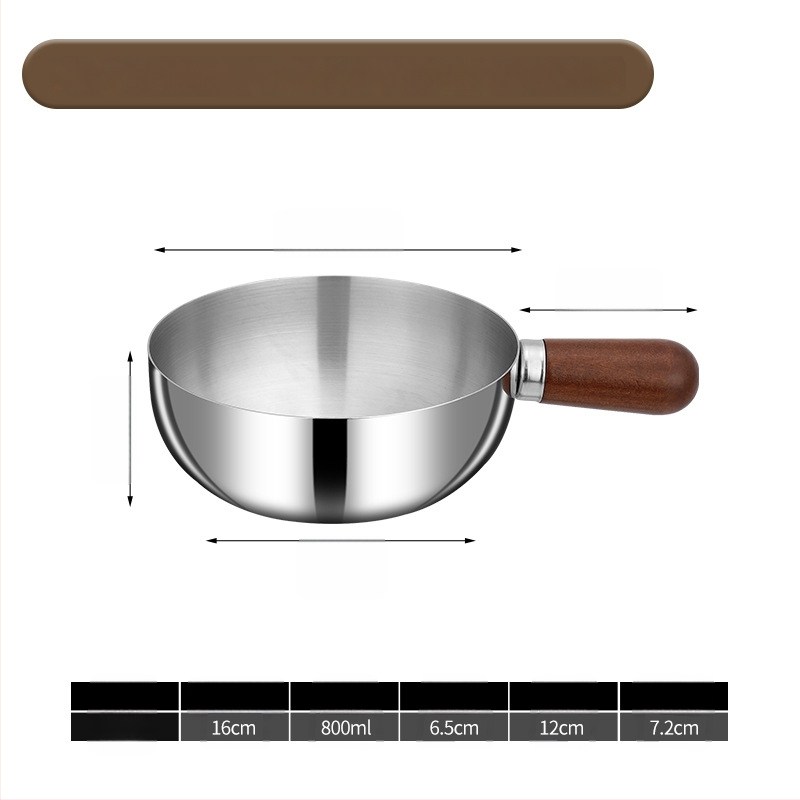 304 nerūdijančio plieno pieno puodas su medine rankena, be dengimo, stiklinis dangtelis, viengubo dugno