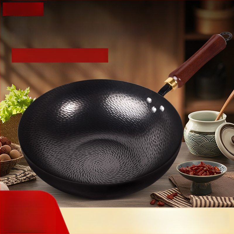 Kalta geležies wok be dangos, neprilipantis paviršius, plokščias dugnas, nerūdijančio plieno dangtis