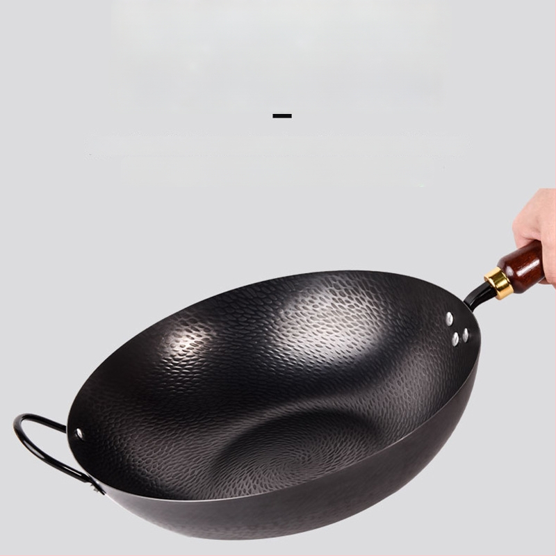 Kalta geležies wok be dangos, neprilipantis paviršius, plokščias dugnas, nerūdijančio plieno dangtis