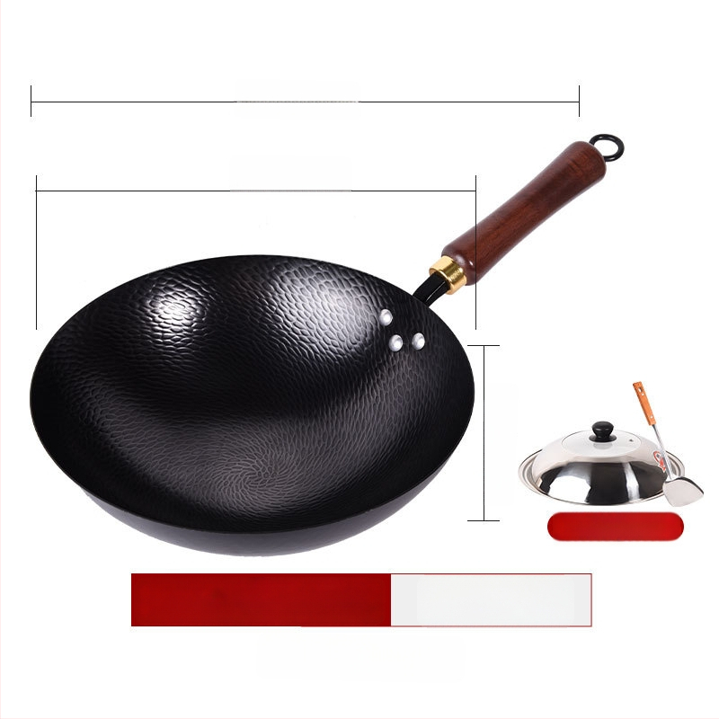 Kalta geležies wok be dangos, neprilipantis paviršius, plokščias dugnas, nerūdijančio plieno dangtis