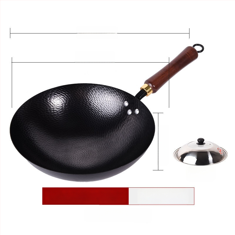 Kalta geležies wok be dangos, neprilipantis paviršius, plokščias dugnas, nerūdijančio plieno dangtis