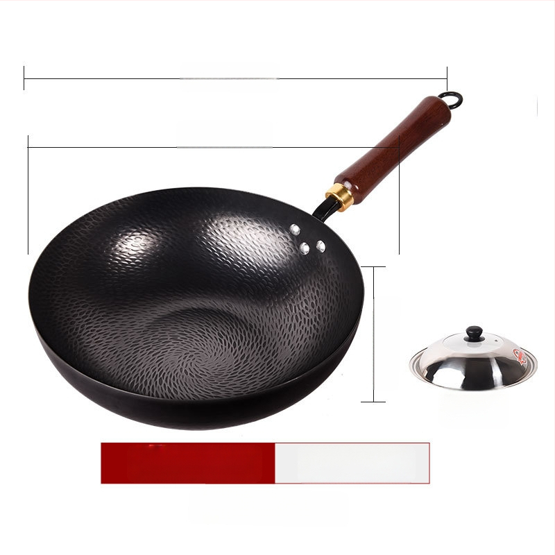 Kalta geležies wok be dangos, neprilipantis paviršius, plokščias dugnas, nerūdijančio plieno dangtis