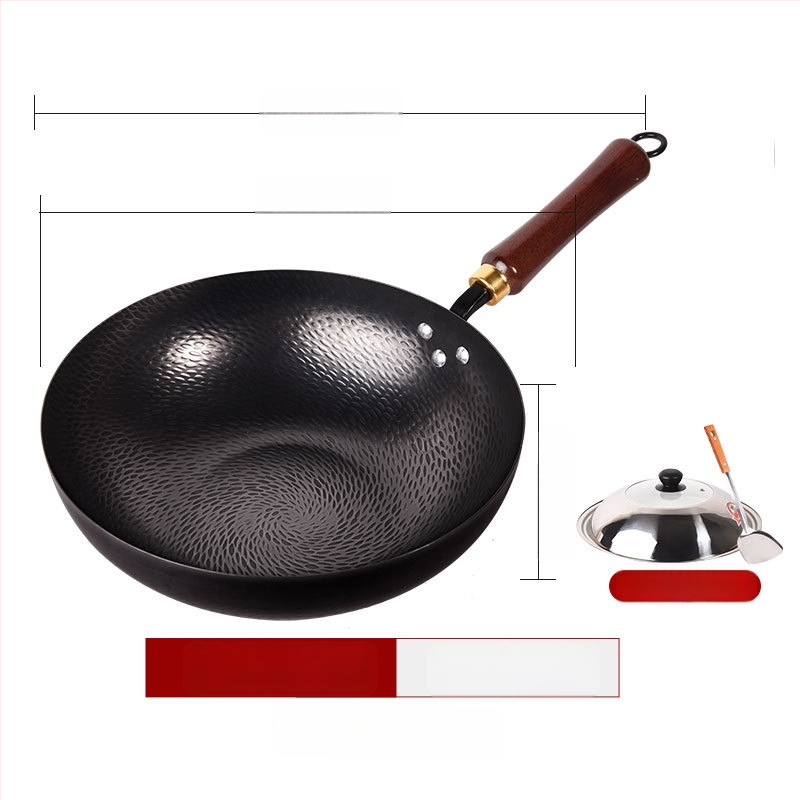 Kalta geležies wok be dangos, neprilipantis paviršius, plokščias dugnas, nerūdijančio plieno dangtis