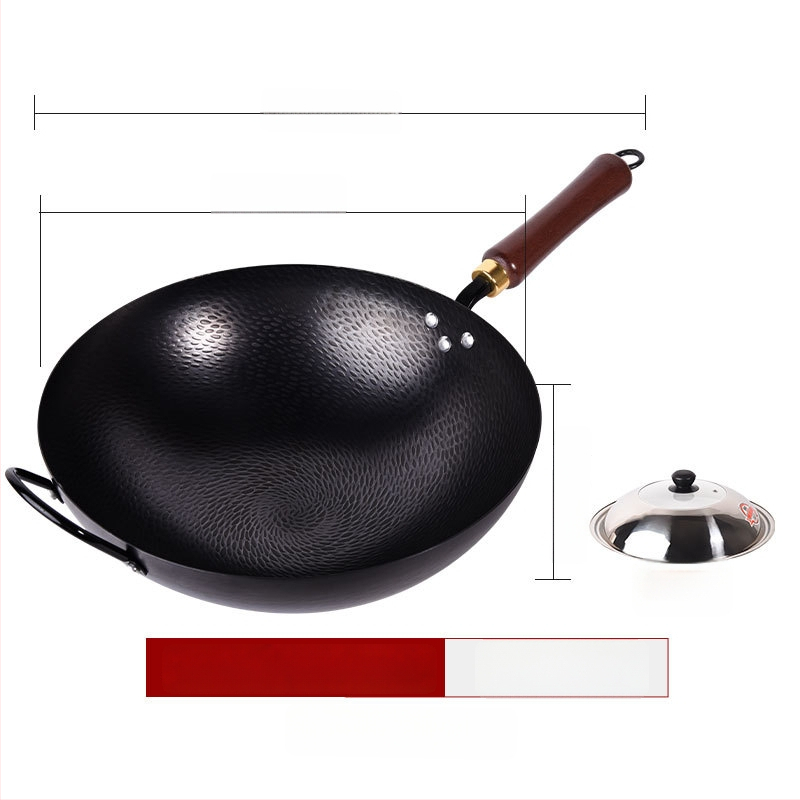 Kalta geležies wok be dangos, neprilipantis paviršius, plokščias dugnas, nerūdijančio plieno dangtis