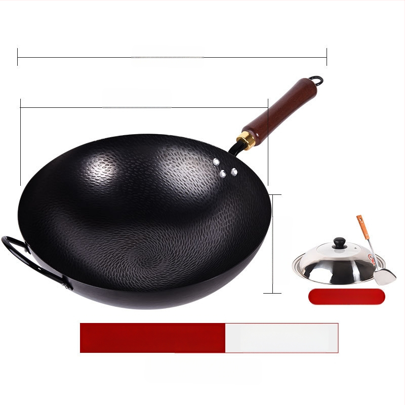 Kalta geležies wok be dangos, neprilipantis paviršius, plokščias dugnas, nerūdijančio plieno dangtis