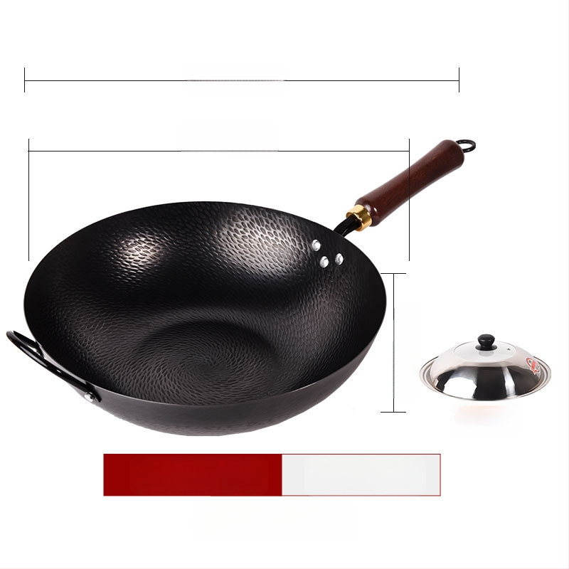 Kalta geležies wok be dangos, neprilipantis paviršius, plokščias dugnas, nerūdijančio plieno dangtis