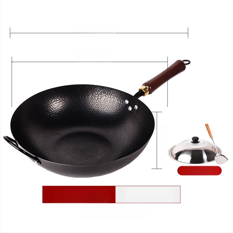 Kalta geležies wok be dangos, neprilipantis paviršius, plokščias dugnas, nerūdijančio plieno dangtis