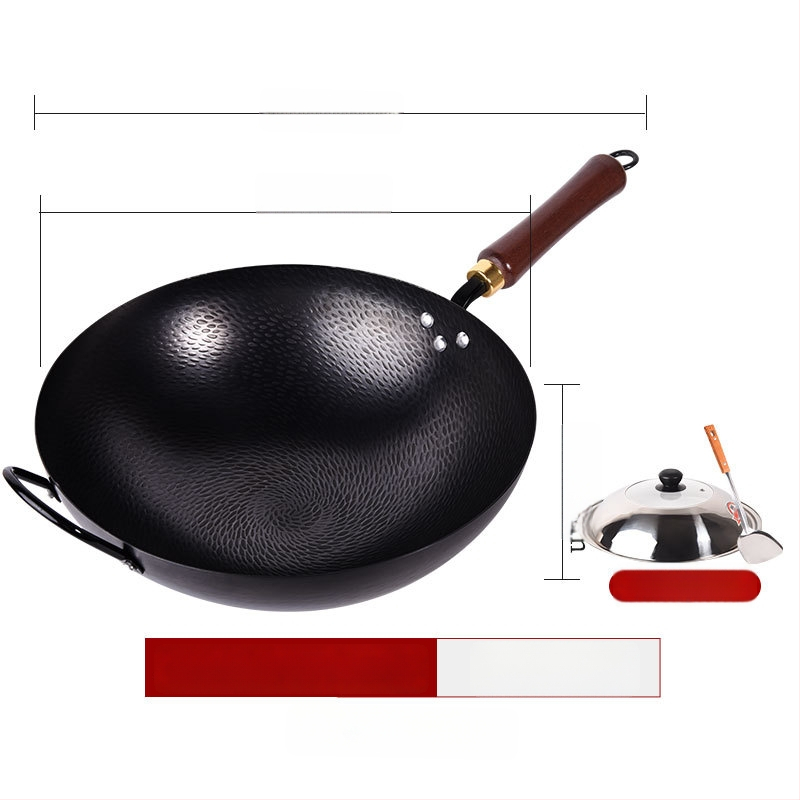 Kalta geležies wok be dangos, neprilipantis paviršius, plokščias dugnas, nerūdijančio plieno dangtis