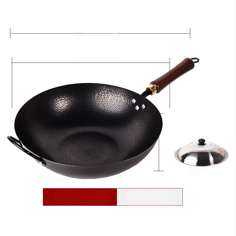 Kalta geležies wok be dangos, neprilipantis paviršius, plokščias dugnas, nerūdijančio plieno dangtis