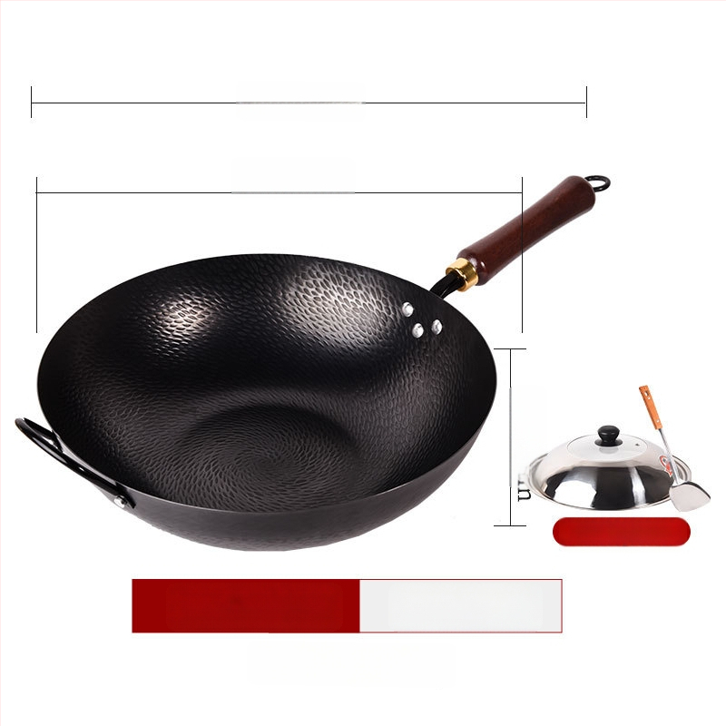 Kalta geležies wok be dangos, neprilipantis paviršius, plokščias dugnas, nerūdijančio plieno dangtis