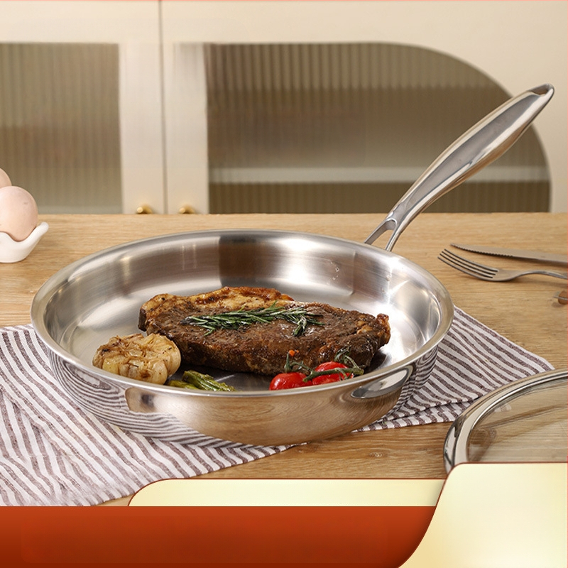 Keptuvė su plokščiu dugnu iš 316 nerūdijančio plieno, be dangos, maisto kokybės, sutirštinta, suderinama su indukcine virykle