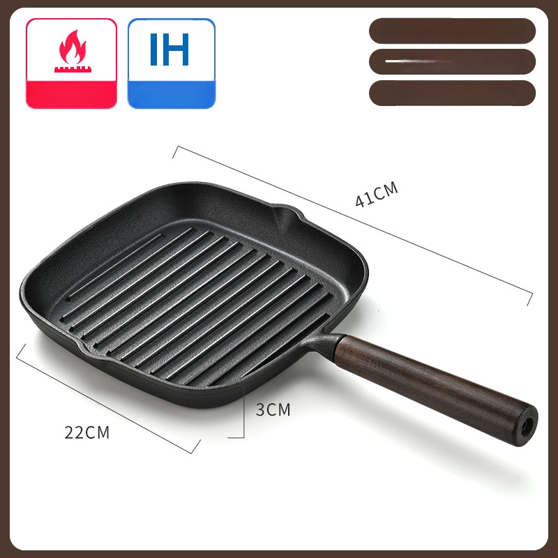 Kepimo keptuvė su plokščiu dugnu iš ketaus, NPJG modelis, 3 cm gylis, 1 kg svoris, be dūmų