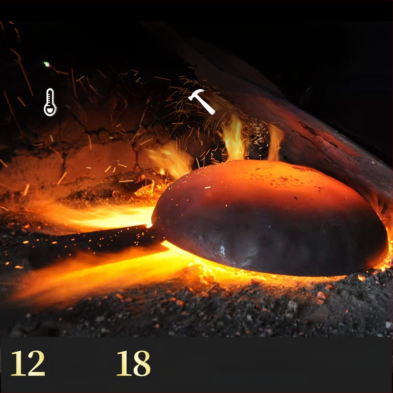 Keptuvė iš kaltojo geležies su veidrodiniu paviršiumi, rankų kalimo, be dangos, su vienu dugnu, svoris 1,15–1,75 kg, tinkama dujinėms viryklėms