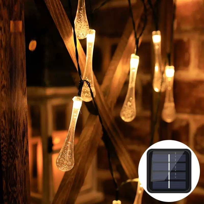 Sodo LED grandinių žibintai su saulės energija, vandens lašų forma, IP44 atsparus vandeniui, 0,06W kiekvienai LED, įėjimo įtampa ≤36V, maitinimas: saulės energija/USB/baterija, CE