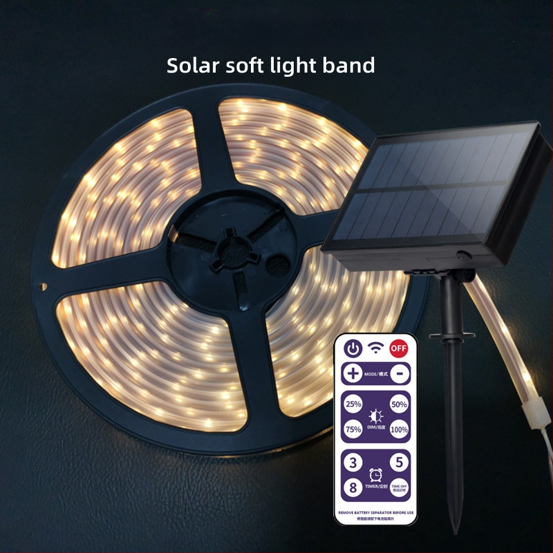 Saulės energijos LED juosta lauko kiemo dekoracijoms (Maitinimas: Saulės energija, Baterija, USB; Valdymas: mygtukas/nuotolinis; Personalizavimas)